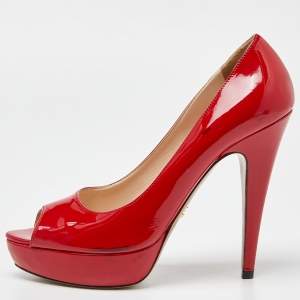 Prada Red Patent Leather Peep Toe Platform Pumps Size 39