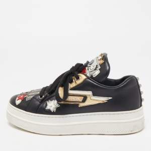 Prada Black Leather Embellished Low Top Sneakers Size 36