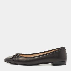 Prada Black Leather and Patent Cap Toe Bow Ballet Flats Size 37