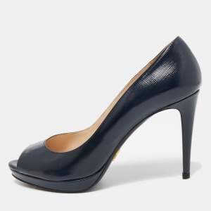 Prada Dark Blue Patent Leather Peep Toe Pumps Size 38