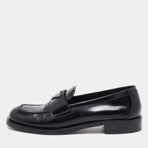 Prada Black Leather Logo Plaque Loafers Size 38.5 