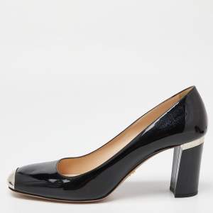 Prada Black Patent Leather Square Toe Block Heel Pumps Size 41