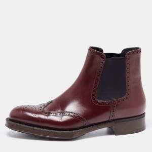 Prada Burgundy Leather Brogue Ankle Boots Size 38.5