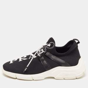 Pre Owned Prada Black Logo Knit Fabric Low Top Sneakers Size 38