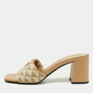 Prada Beige Jacquard Triangolo Slide Sandals Size 38