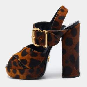 Prada Two Tone Leopard Print Calf Hair Platform Ankle Strap Sandals Size 36