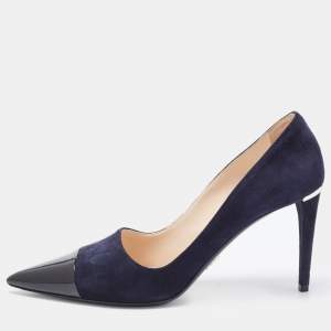 Prada Navy Blue/Black Suede and Patent Leather Pointed Toe Pumps Size 39.5