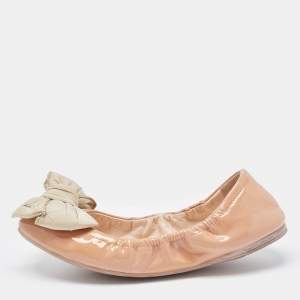 Prada Beige Patent Leather Bow Scrunch Ballet Flats Size 36.5