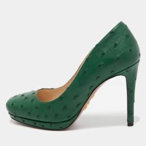 Prada Green Ostrich Leather Round Toe Pumps Size 36