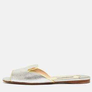 Prada Silver Saffiano Leather Flat Slides Size 37.5