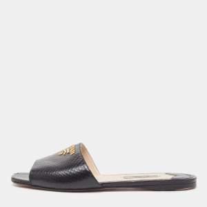 Prada Black Python Embossed Leather Flat Slide Sandals Size 37.5