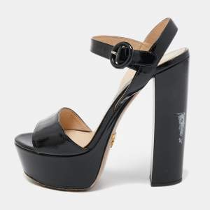 Prada Black Vernice Saffiano Leather Platform Ankle Strap Sandals Size 36