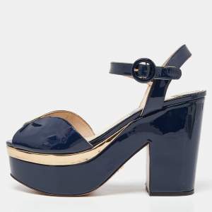 Prada Navy Blue Patent Leather Platform Ankle Strap Sandals Size 38.5