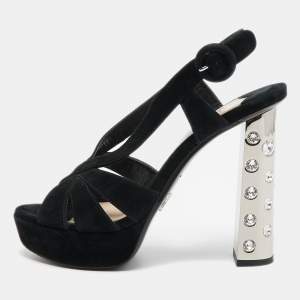 Prada Black Suede Crystal Embellished Heel Platform Slingback Sandals Size 37