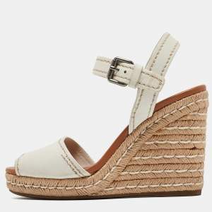 Prada White Leather Espadrille Wedge Ankle Strap Sandals Size 38