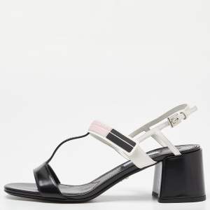 Prada White/Black Leather T-Strap Slingback Sandals Size 37.5