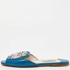 Prada Blue Patent Saffiano Leather Crystal Embellished Flat Slides Size 37