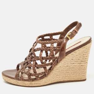 Prada Sport Brown Leather Braided Accents Wedge Espadrilles Sandals Size 40.5