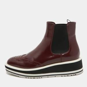 Prada Maroon Leather Brogue Ankle Boots Size 35