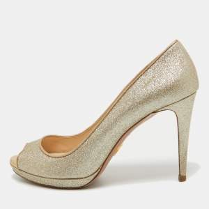 Pre Owned Prada Metallic Gold Glitter Peep Toe Pumps Size 40