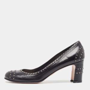 Prada Black Leather Studded Round Toe Pumps Size 39
