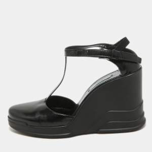 Prada Black Leather T-Strap Wedge Sandals Size 39.5