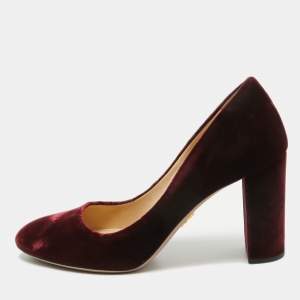 Pre Owned Prada Burgundy Velvet Pointed Toe Block Heel Pumps Size 35.5