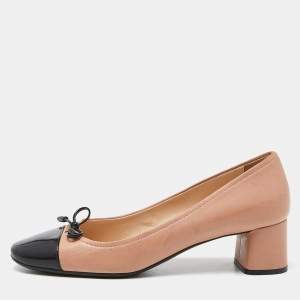 Prada Beige/Black Leather Bow Block Heel Pumps Size 37