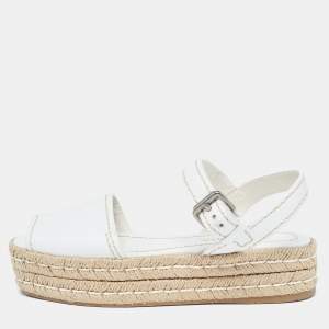 Prada White Leather Espadrille Platform Ankle Strap Sandals Size 38