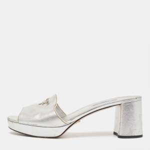 Prada Silver Leather Platform Slide Sandals Size 41 