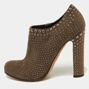 Prada Brown Studded Suede Ankle Booties Size 38