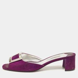 Prada Purple Suede Crystal Embellished Slide Sandals Size 39