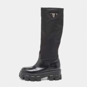 Prada Black Leather and  Nylon Monolith Boots Size 38