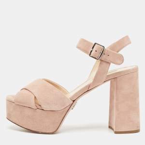 مملوكة مسبقًا Prada Beige Suede Crisscross Platform Block Heel Sandals Size 39