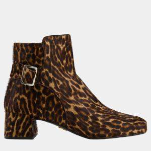 Prada Brown Leopard Pony Hair Boots with Silver Buckle Size EU 36