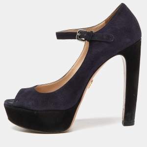 Prada Blue/Black Suede Platform Ankle Strap Sandals Size 39.5