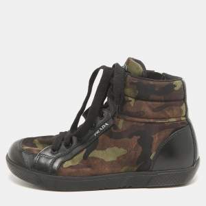 Prada Tricolor Leather and Camo Print Nylon High Top Sneakers Size 35