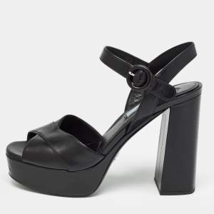 Prada Black Leather Ankle Strap Platform Sandals