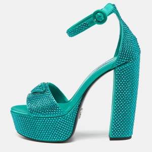 Prada Green Satin Crystal Embellished Platform Ankle Strap Sandals Size 37