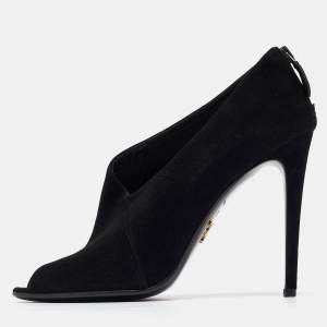 Prada Black Suede Peep Toe Ankle Booties Size 38.5