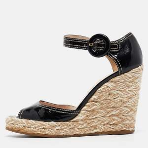 Prada Black Patent Leather Wedge Ankle Strap Sandals Size 37.5