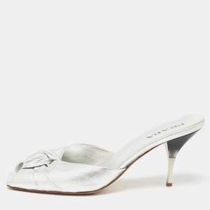 Prada Silver Foil Leather Knotted Square Peep Toe Slide Sandals Size 36