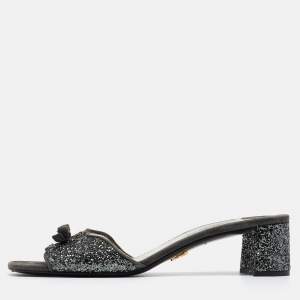 Prada Grey Coarse Glitter and Suede Bow Slide Sandals Size 39.5