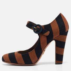 Prada Brown/Black Canvas Mary Jane Pumps Size 36  