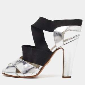 Prada Black/Silver Leather and Fabric Strappy Open Toe Sandals Size 37