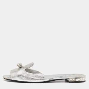 Prada Silver Leather Bow Crystal Embellished Flat Slides Size 41