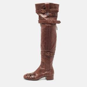 Prada Brown Leather Buckle Over The Knee Boots Size 39