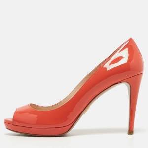 Prada Coral Pink Patent Leather Peep Toe Platform Pumps Size 36.5