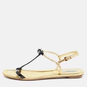 Prada Gold/Black Patent Leather Bow T Strap Flats Size 38.5  