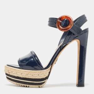 Prada Navy Blue Patent Leather Espadrille Platform Ankle Strap Sandals Size 37